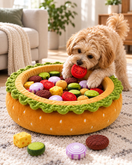 Small dog playing with PinkyPaw Burger Burrow enrichment bed