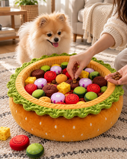 Pomeranian watching treats being hidden in PinkyPaw Burger Burrow