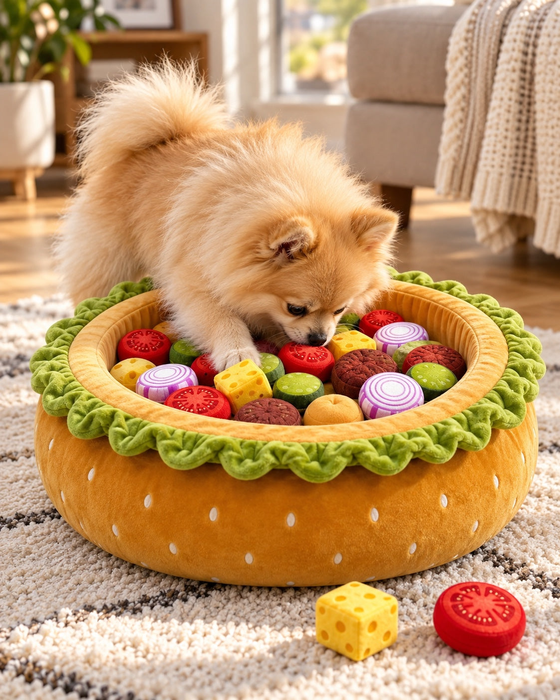 Pomeranian foraging through PinkyPaw Burger Burrow plush ingredients