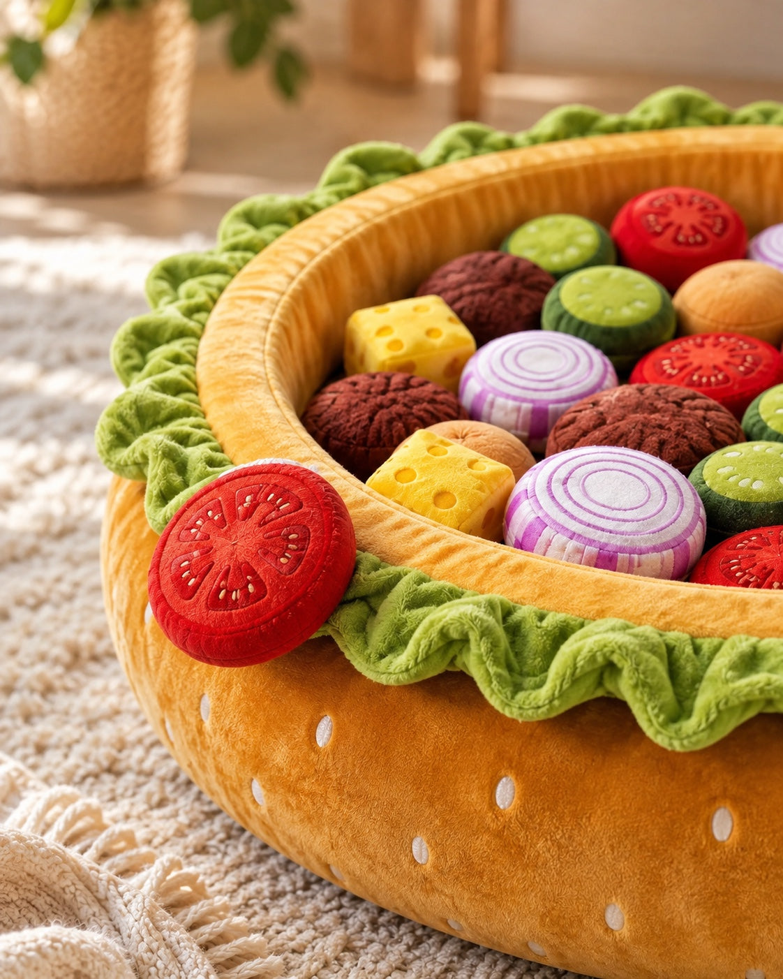 Close-up of PinkyPaw Burger Burrow plush food pieces and soft burger bed