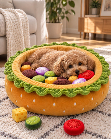 Small poodle resting inside PinkyPaw Burger Burrow enrichment bed