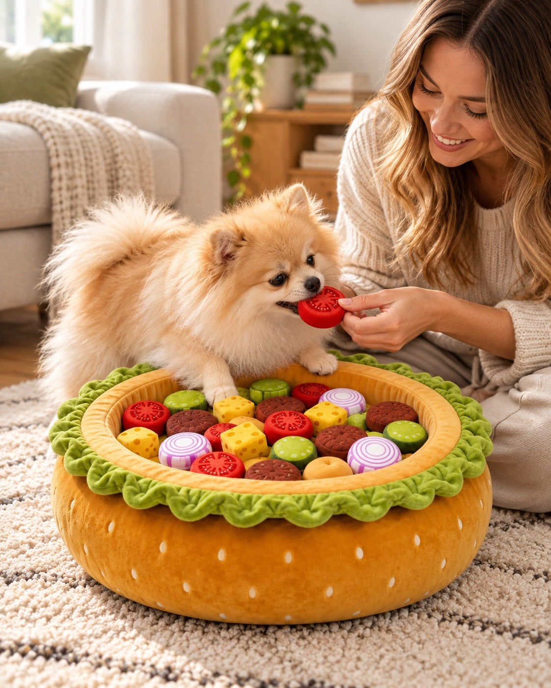 Owner playing with a Pomeranian using PinkyPaw Burger Burrow