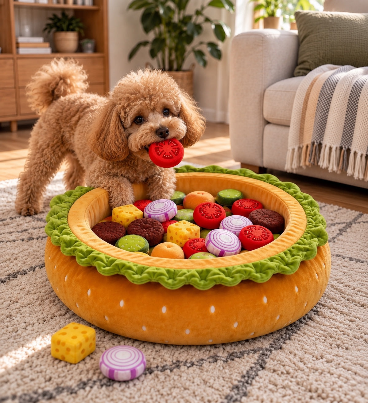Toy poodle carrying a plush tomato from PinkyPaw Burger Burrow