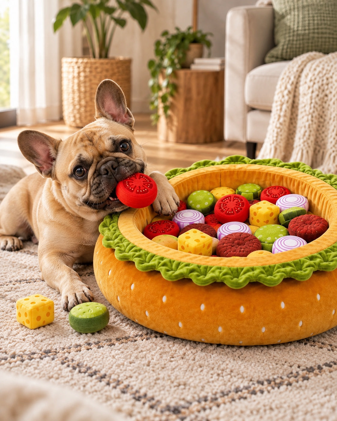 Dog playing with PinkyPaw Burger Burrow enrichment bed