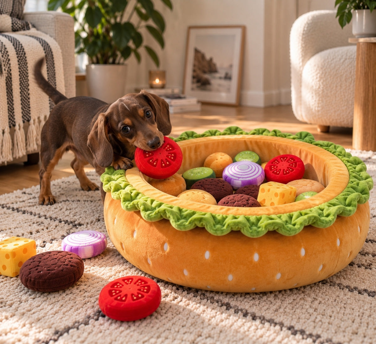 Dachshund playing with PinkyPaw Burger Burrow enrichment bed