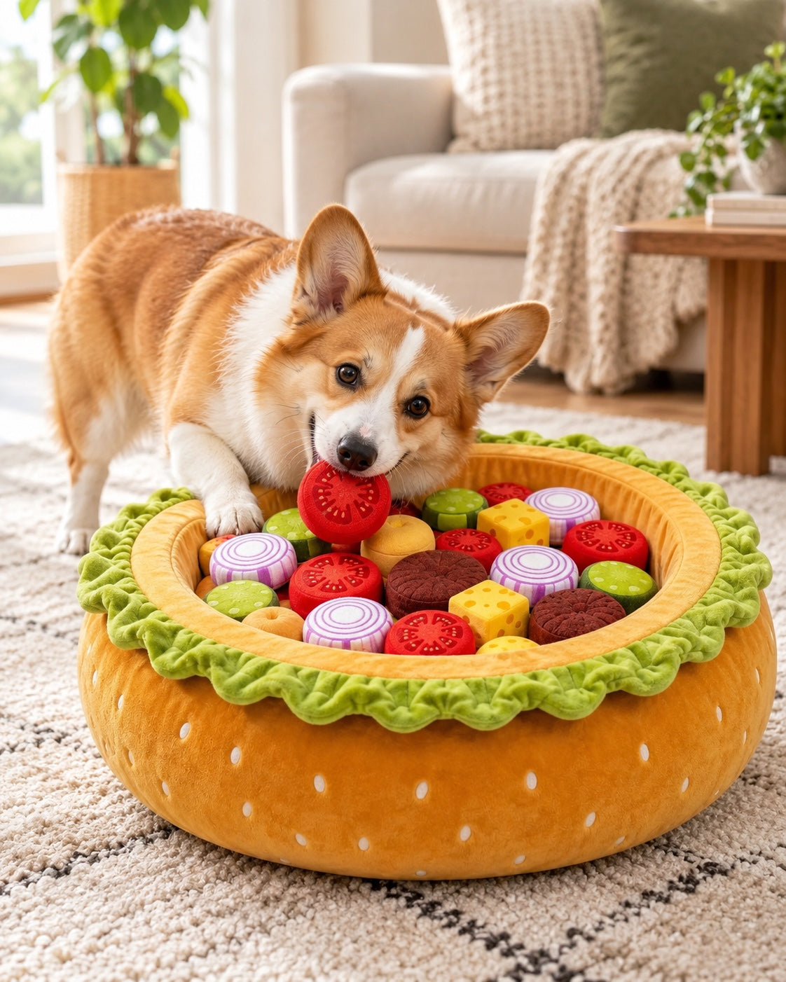 Corgi playing with PinkyPaw Burger Burrow enrichment bed