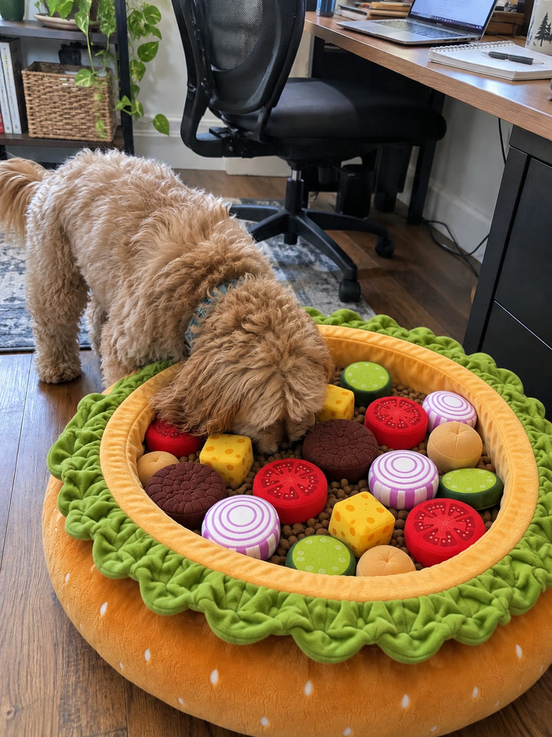 A doodle nosing through the plush toppings in the Burger Burrow beside a home-office desk