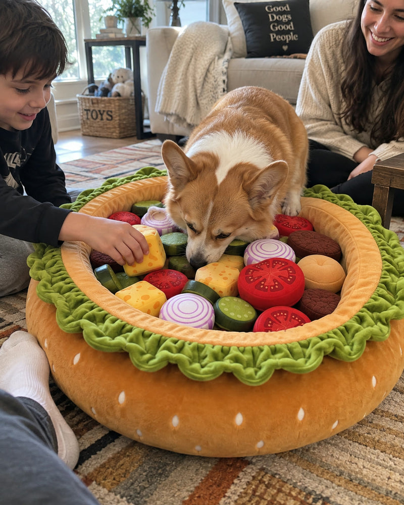 A boy and a woman sitting on the floor with a corgi searching the loaded Burger Burrow between them