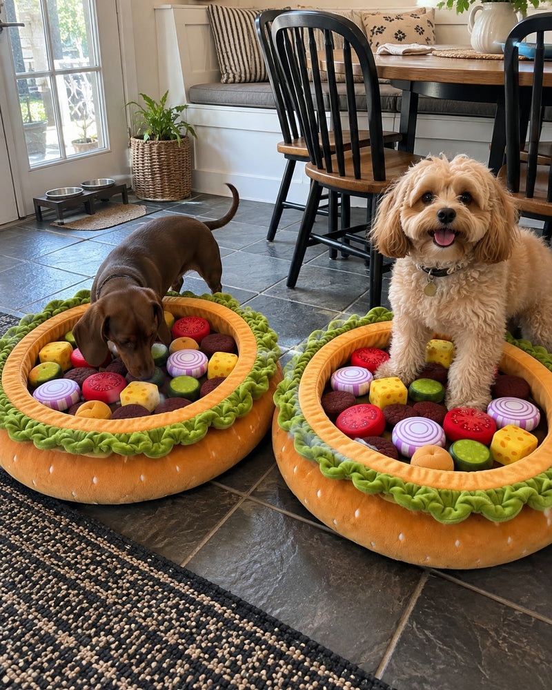 Two Burger Burrows side by side in a kitchen, a dachshund sniffing one and a cavapoo sitting in the other