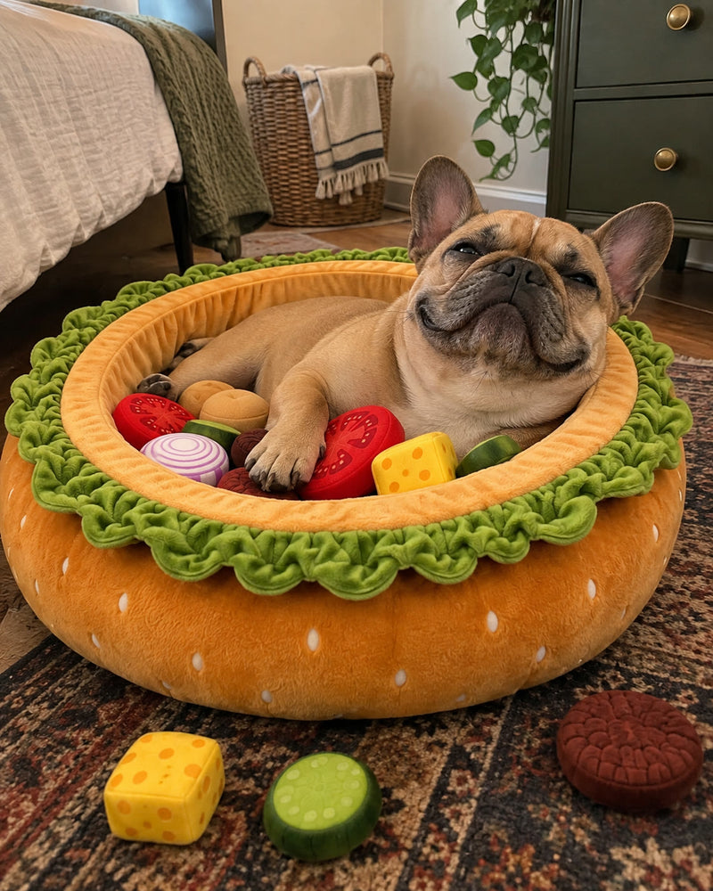 A French Bulldog dozing in the Burger Burrow in a bedroom with plush pieces scattered on the rug