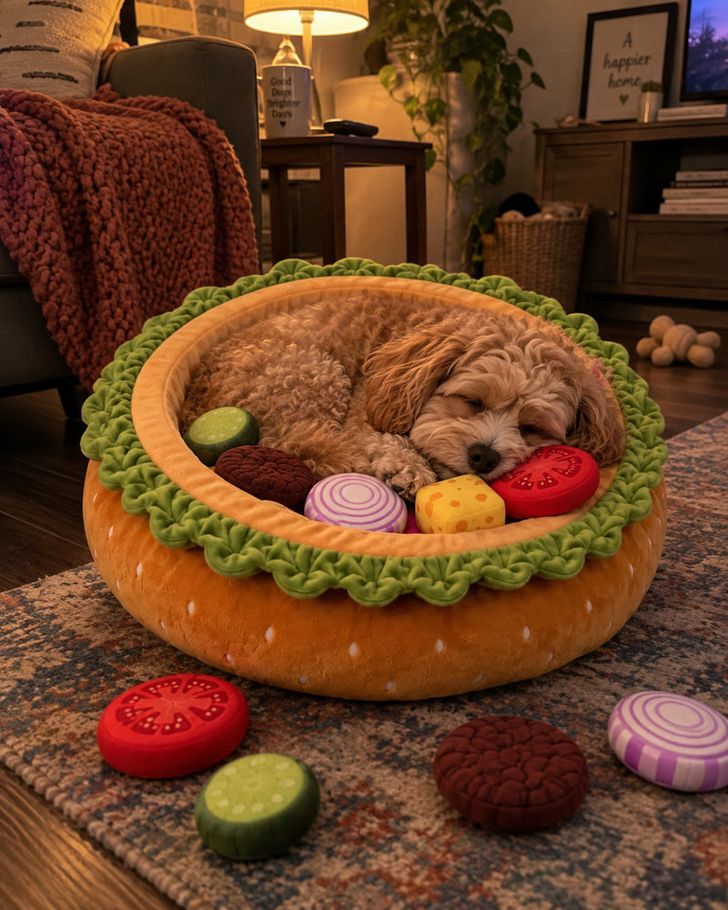 A cream cockapoo asleep inside the Burger Burrow in a lamp-lit living room, plush toppings tucked in beside her