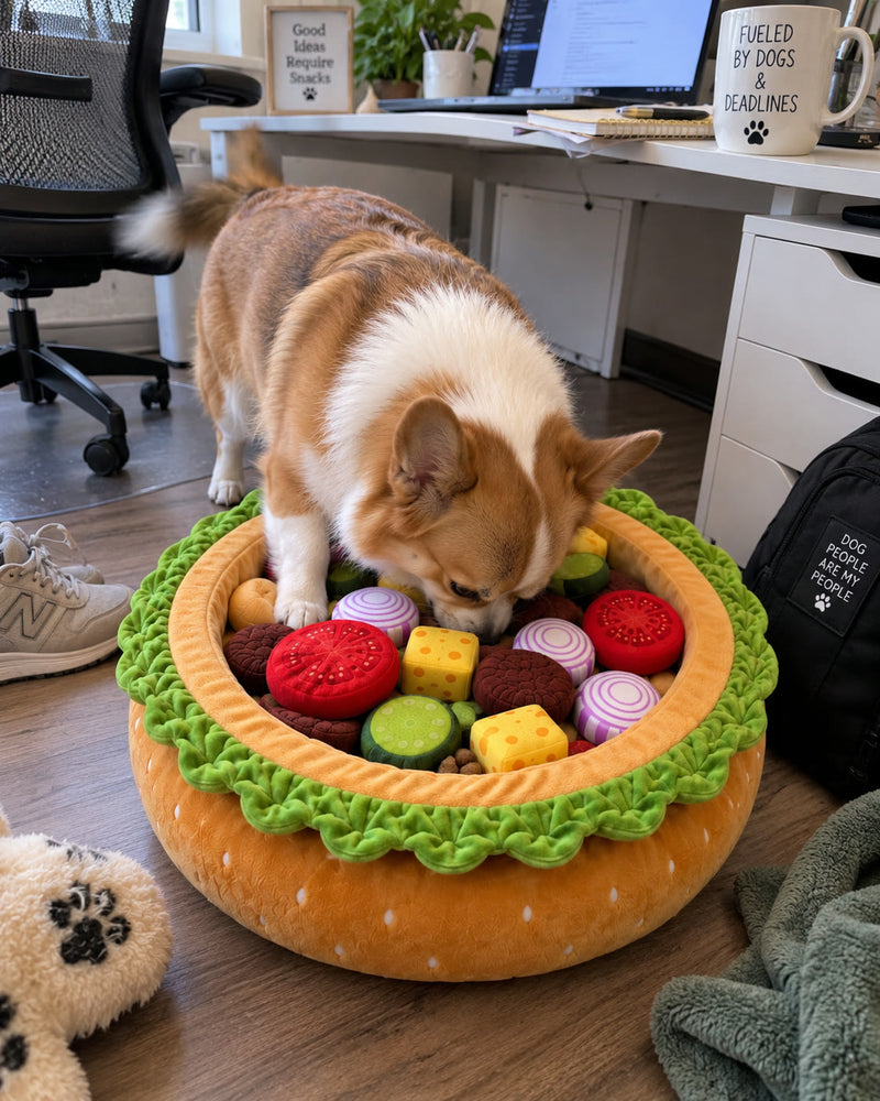 A corgi standing over the Burger Burrow and nosing between the plush toppings beside a home-office desk