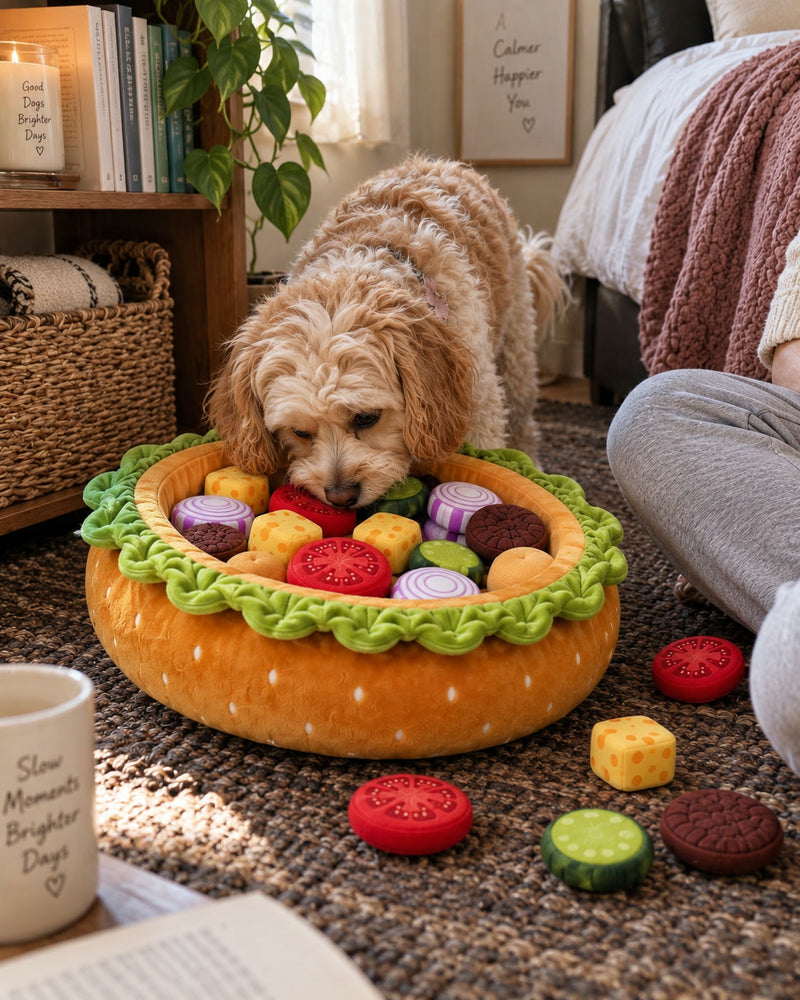 A golden doodle sniffing through the loaded Burger Burrow on a jute rug next to its owner