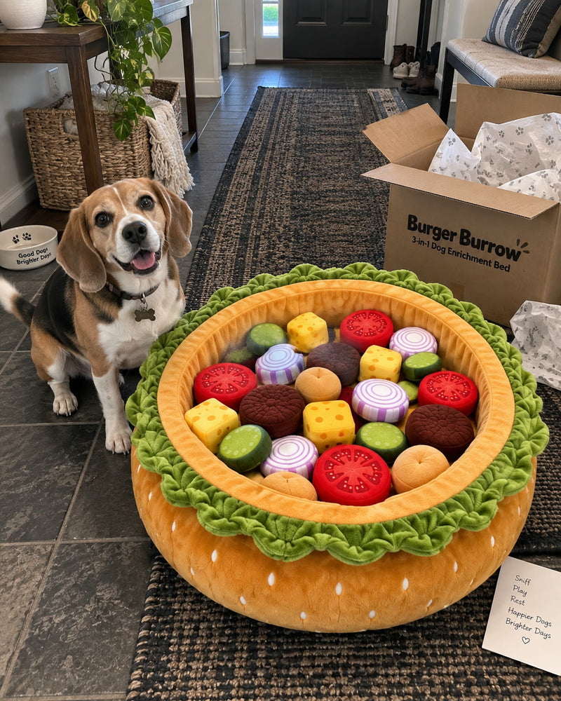 A beagle sitting beside a freshly unboxed Burger Burrow in an entryway, shipping box still open behind it