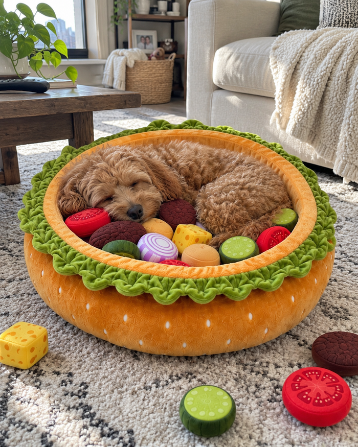 A dog asleep inside the Burger Burrow in a sunlit living room