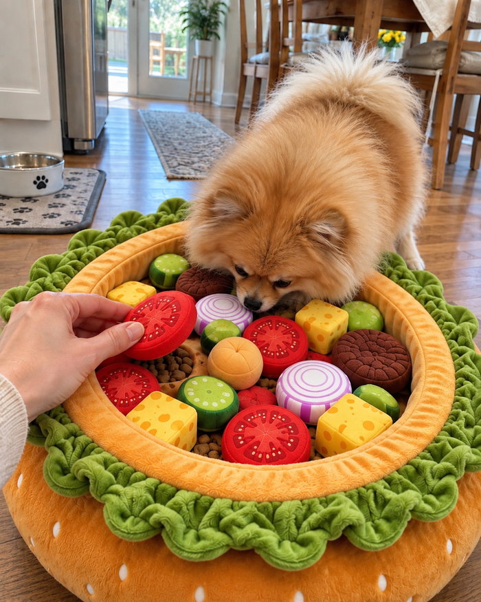 A Pomeranian sniffing through the plush pieces while an owner lifts out a tomato slice