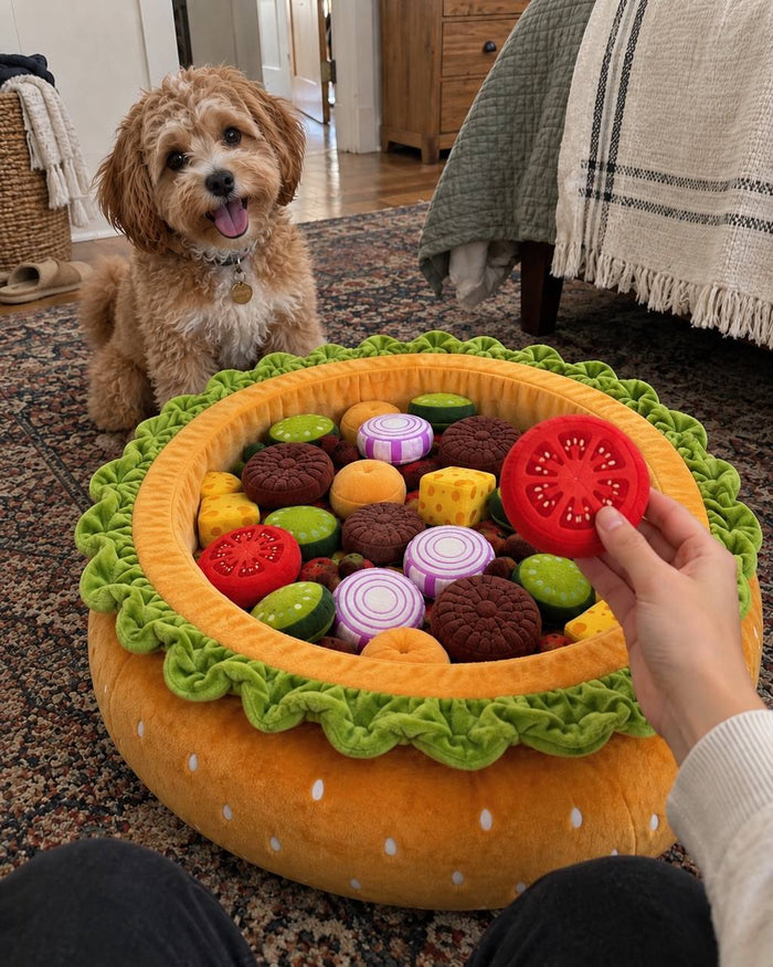 A dog sitting beside the Burger Burrow packed with plush food pieces