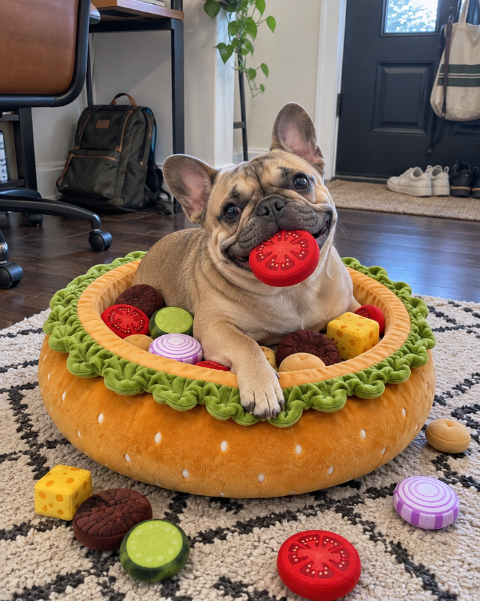 A French Bulldog lying in the Burger Burrow holding a plush tomato slice